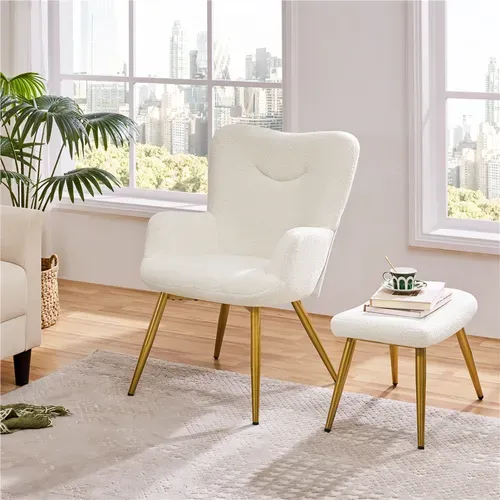 Fauteuil Avec Repose-pieds En Tissu Bouclé Pieds En Métal Dorés Avec Haut Dossier, Ivoire