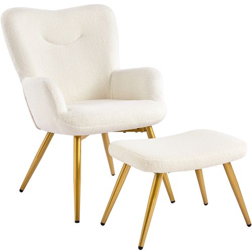 Fauteuil Avec Repose-pieds En Tissu Bouclé Pieds En Métal Dorés Avec Haut Dossier, Ivoire