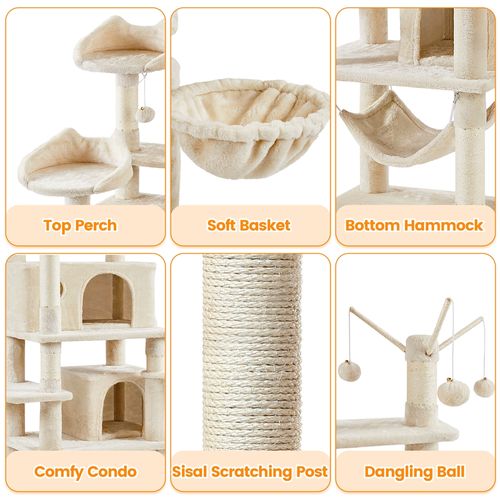 Arbre à Chat Multiniveau Avec Poteaux En Sisal, Niches Et Hamac, 170 Cm De Haut Beige