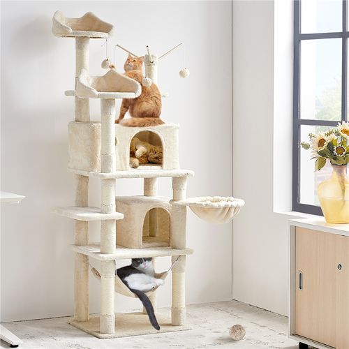 Arbre à Chat Multiniveau Avec Poteaux En Sisal, Niches Et Hamac, 170 Cm De Haut Beige