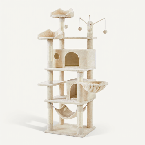Arbre à Chat Multiniveau Avec Poteaux En Sisal, Niches Et Hamac, 170 Cm De Haut Beige