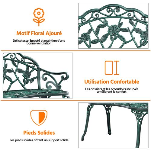 Banc De Jardin Vintage En Métal Avec Motifs Floraux Siège De Jardin Terrasse Balcon, Vert
