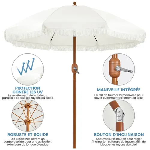 Parasol De Jardin Droit Avec Franges, Tissu Polyester Résistant Et Mât En Métal, Crème