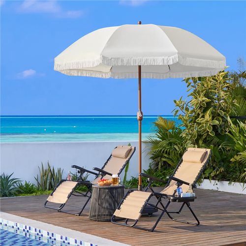 Parasol De Jardin Droit Avec Franges, Tissu Polyester Résistant Et Mât En Métal, Crème
