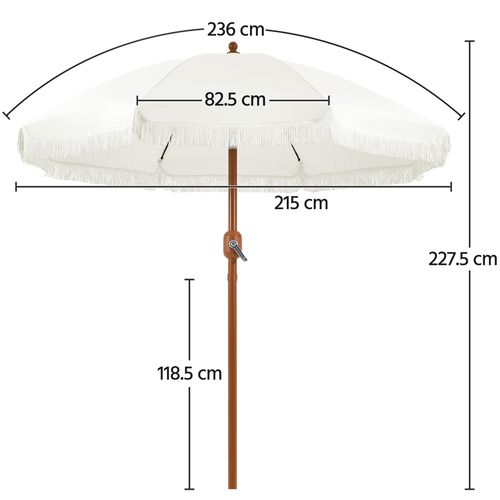 Parasol De Jardin Droit Avec Franges, Tissu Polyester Résistant Et Mât En Métal, Crème