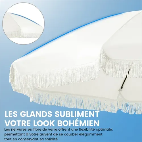 Parasol De Jardin Droit Avec Franges, Tissu Polyester Résistant Et Mât En Métal, Crème