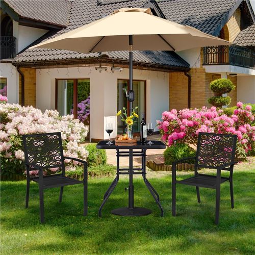 GIANTEX Table de jardin, table avec trou central pour parasol, table carrée pour extérieur, structure métallique portée 100 kg, plateau avec motif en faux marbre, noir