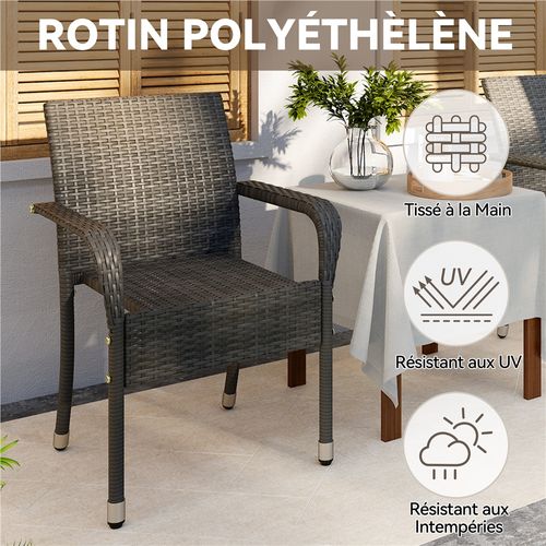 Lot De 2 Fauteuils De Jardin En Rotin Synthétique Avec Accoudoirs Et Cadre En Métal, Gris