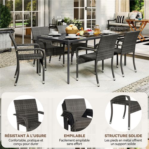 Lot De 2 Fauteuils De Jardin En Rotin Synthétique Avec Accoudoirs Et Cadre En Métal, Gris