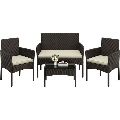 Salon De Jardin En Polyrotin Avec Canapé 2 Places 2 Fauteuils 1 Table Basse, Brun/beige