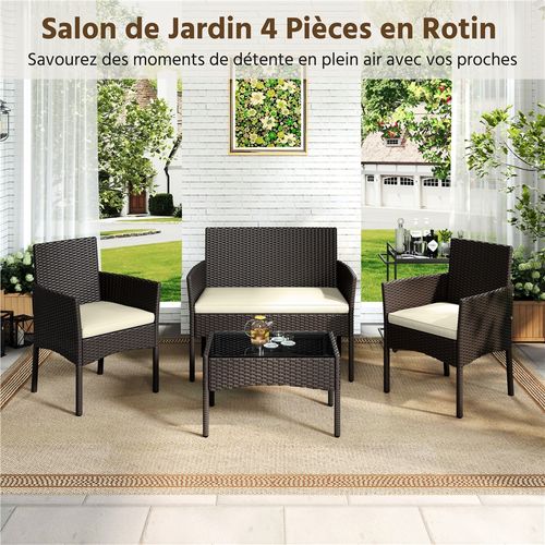 Salon De Jardin En Polyrotin Avec Canapé 2 Places 2 Fauteuils 1 Table Basse, Brun/beige