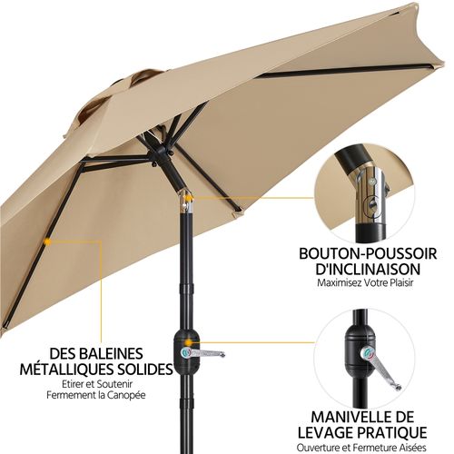 Parasol De Jardin Inclinable à 6 Baleines Parasol Balcon Avec Manivelle, Brun Clair