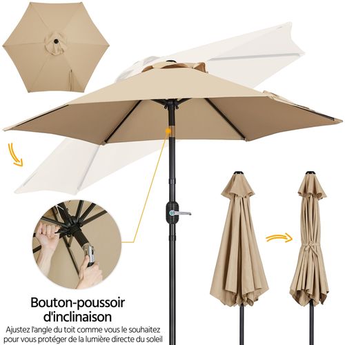 Parasol De Jardin Inclinable à 6 Baleines Parasol Balcon Avec Manivelle, Brun Clair