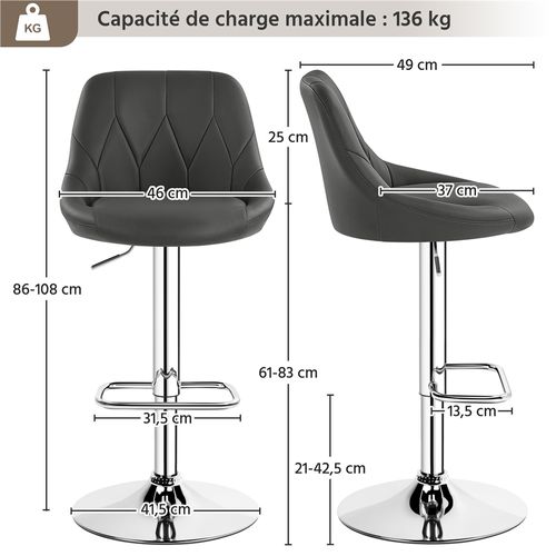 Lot De 2 Chaises De Bar En Similicuir Avec Assise Pivotante Réglable En Hauteur ,gris Foncé