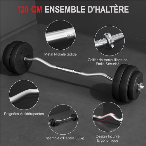 Barre De Curl Avec Disques D'haltères En Fonte Barre D'haltère De 30 Kg, Noir