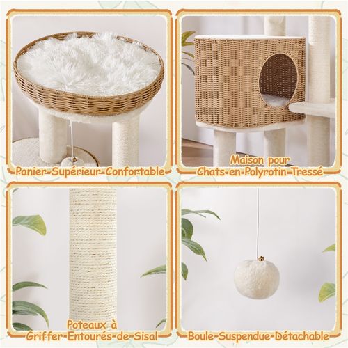 Arbre à Chat En Polyrotin Avec Griffoir En Sisal Et Panier Tressé 91 Cm De Haut Beige