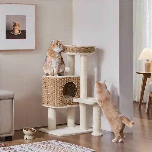 Arbre à Chat En Polyrotin Avec Griffoir En Sisal Et Panier Tressé 91 Cm De Haut Beige