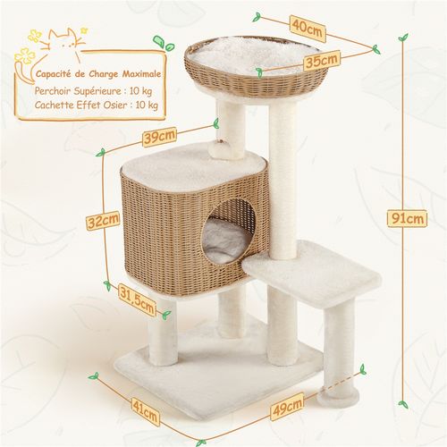 Arbre à Chat En Polyrotin Avec Griffoir En Sisal Et Panier Tressé 91 Cm De Haut Beige