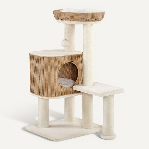 Arbre à Chat En Polyrotin Avec Griffoir En Sisal Et Panier Tressé 91 Cm De Haut Beige
