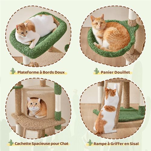 Arbre à Chat Design Cactus En Peluche Avec Poteaux En Sisal 106,5 Cm De Haut Marron Et Vert