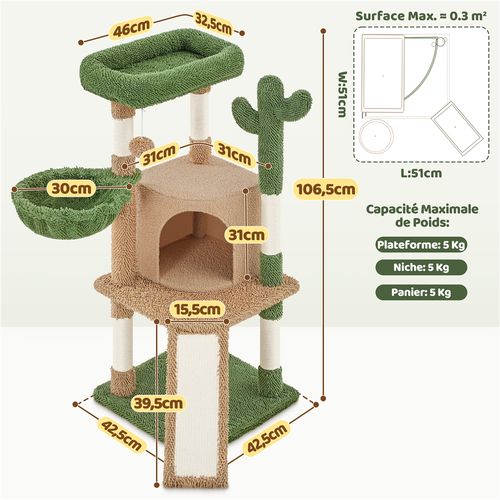 Arbre à Chat Design Cactus En Peluche Avec Poteaux En Sisal 106,5 Cm De Haut Marron Et Vert
