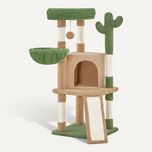 Arbre à Chat Design Cactus En Peluche Avec Poteaux En Sisal 106,5 Cm De Haut Marron Et Vert