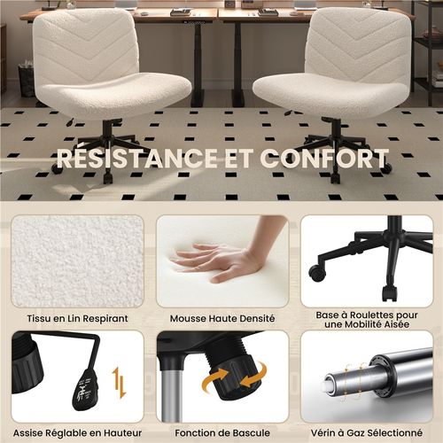 Chaise De Bureau En Tissu Bouclette Chaise Coiffeuse Pivotante Avec Pieds Croisés , Ivoire