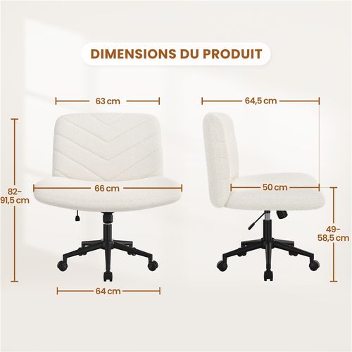 Chaise De Bureau En Tissu Bouclette Chaise Coiffeuse Pivotante Avec Pieds Croisés , Ivoire