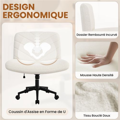 Chaise De Bureau En Tissu Bouclette Chaise Coiffeuse Pivotante Avec Pieds Croisés , Ivoire