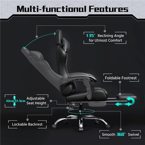 Chaise Gaming Pivotant Réglable En Hauteur Repose-pieds Télescopique Charge maximale 150kg, Noir