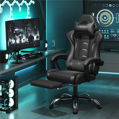 Chaise Gaming Pivotant Réglable En Hauteur Repose-pieds Télescopique Charge maximale 150kg, Noir