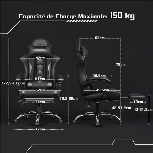 Chaise Gaming Pivotant Réglable En Hauteur Repose-pieds Télescopique Charge maximale 150kg, Noir