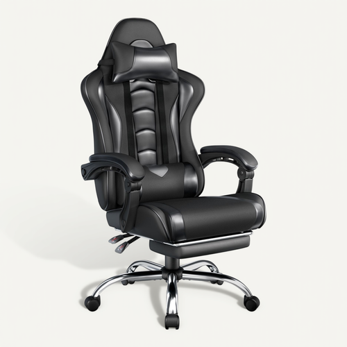 Chaise Gaming Pivotant Réglable En Hauteur Repose-pieds Télescopique Charge maximale 150kg, Noir