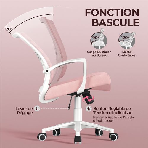 Chaise De Bureau En Maille Mesh Avec Support Lombaire Et Siège Réglable En Hauteur, Rose
