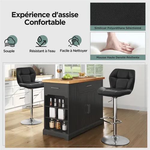 Tabourets / Chaise De Bar Design Capitonné Tabouret De Bar En Similicuir Réglables En Hauteur, Noir