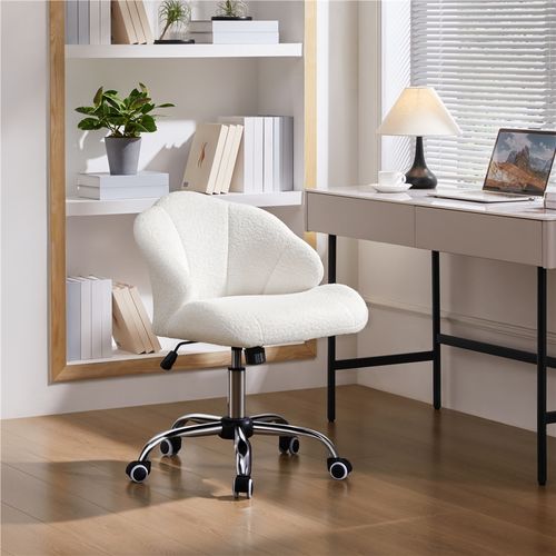 Chaise De Bureau En Tissu Bouclé Avec Roulettes Et Dossier Inclinable Capitonné, Blanc Neige