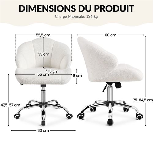 Chaise De Bureau En Tissu Bouclé Avec Roulettes Et Dossier Inclinable Capitonné, Blanc Neige