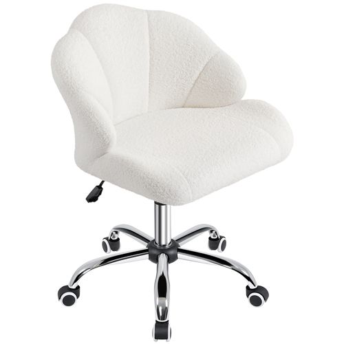 Chaise De Bureau En Tissu Bouclé Avec Roulettes Et Dossier Inclinable Capitonné, Blanc Neige