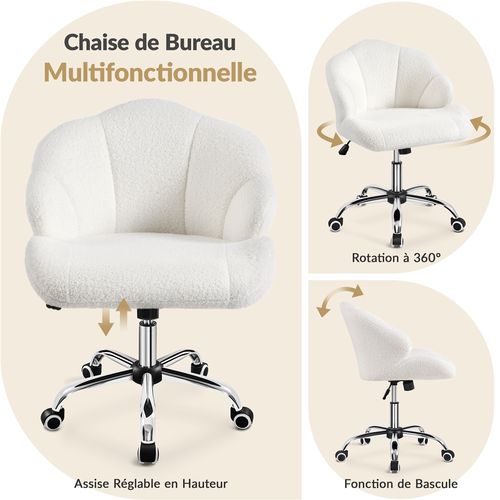 Chaise De Bureau En Tissu Bouclé Avec Roulettes Et Dossier Inclinable Capitonné, Blanc Neige