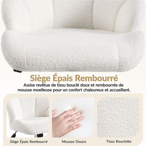 Chaise De Bureau En Tissu Bouclé Avec Roulettes Et Dossier Inclinable Capitonné, Blanc Neige
