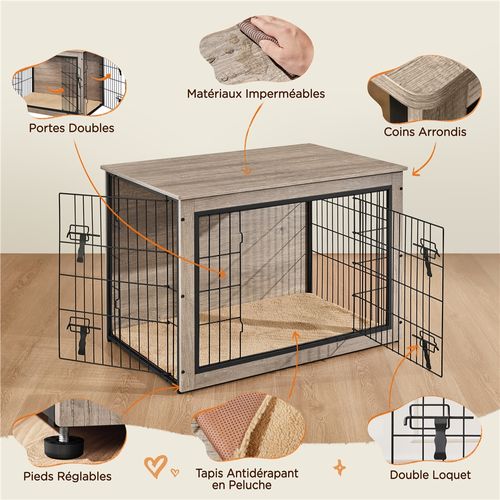 Cage Pour Chien En Bois Avec 2 Portes Grillagées à Double Serrure Et Tapis Pelucheux, Gris