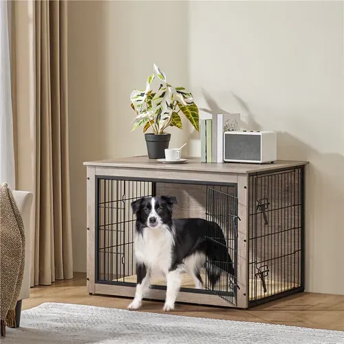 Cage Pour Chien En Bois Avec 2 Portes Grillagées à Double Serrure Et Tapis Pelucheux, Gris