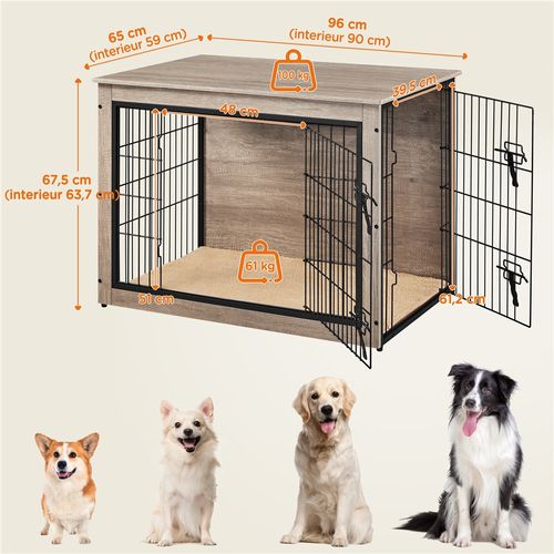 Cage Pour Chien En Bois Avec 2 Portes Grillagées à Double Serrure Et Tapis Pelucheux, Gris