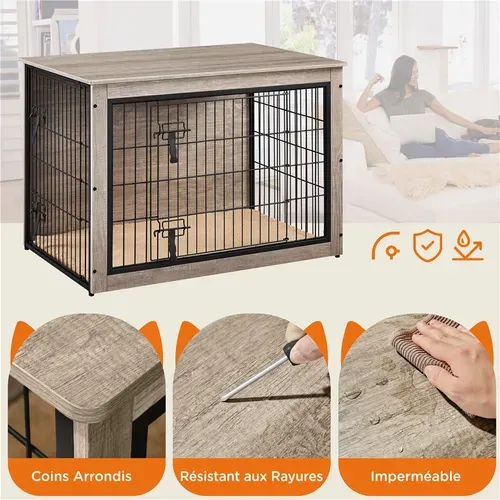 Cage Pour Chien En Bois Avec 2 Portes Grillagées à Double Serrure Et Tapis Pelucheux, Gris