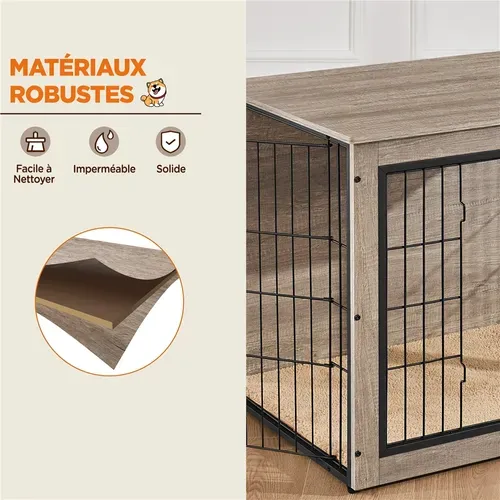 Cage Pour Chien En Bois Avec 2 Portes Grillagées à Double Serrure Et Tapis Pelucheux, Gris