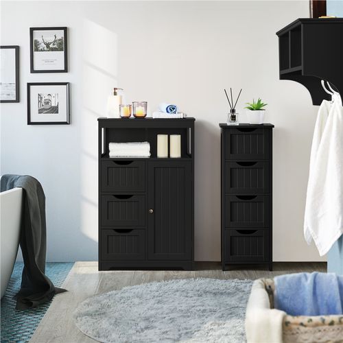 Armoire Salle De Bains En Bois Mdf Avec 3 Tiroirs, 1 Porte Et Compartiment Ouvert, Noir