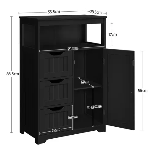 Armoire Salle De Bains En Bois Mdf Avec 3 Tiroirs, 1 Porte Et Compartiment Ouvert, Noir