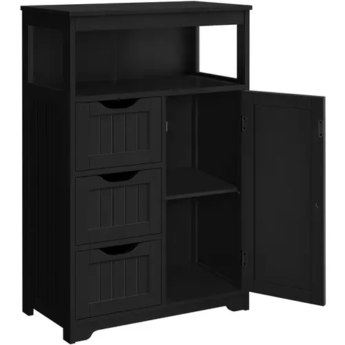 Armoire Salle De Bains En Bois Mdf Avec 3 Tiroirs, 1 Porte Et Compartiment Ouvert, Noir
