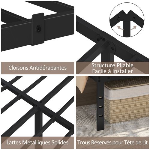 Cadre De Lit Métallique Sans Tête De Lit Avec Support à Lattes, 160 × 200 Cm Noir