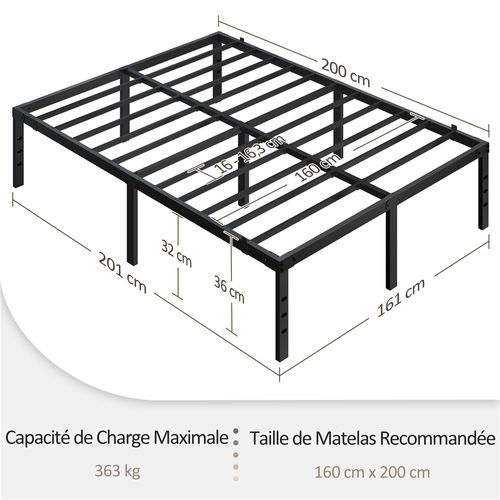 Cadre De Lit Métallique Sans Tête De Lit Avec Support à Lattes, 160 × 200 Cm Noir
